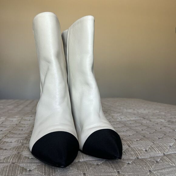 Toral Cream Leather & Black Fabric Cap Pointy Toe Boots Women EU 36 US 6 Chic - Picture 8 of 16